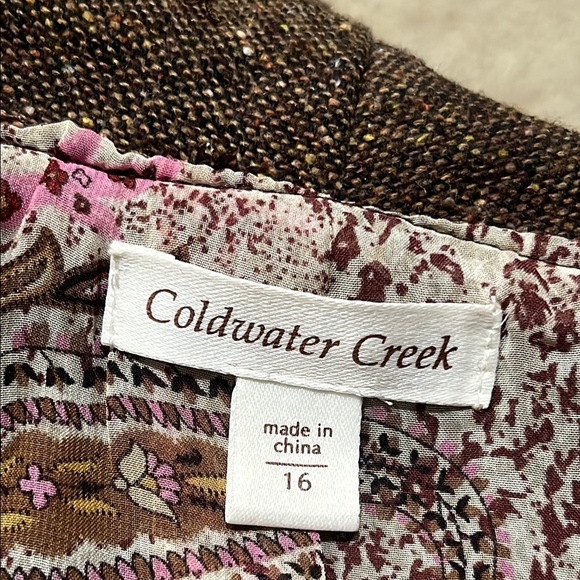 COLDWATER CREEK BROWN TWEED RUFFLED COLLAR PEPLUM,OFFICE SIREN JACKET SIZE 16. - Picture 3 of 12